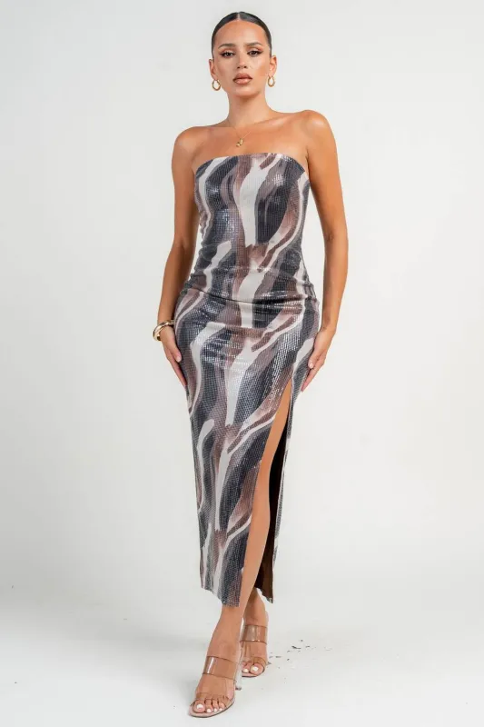 PD79323S / TUBE FRONT SLIT SEQUIN MAXI DRESS sold by privy