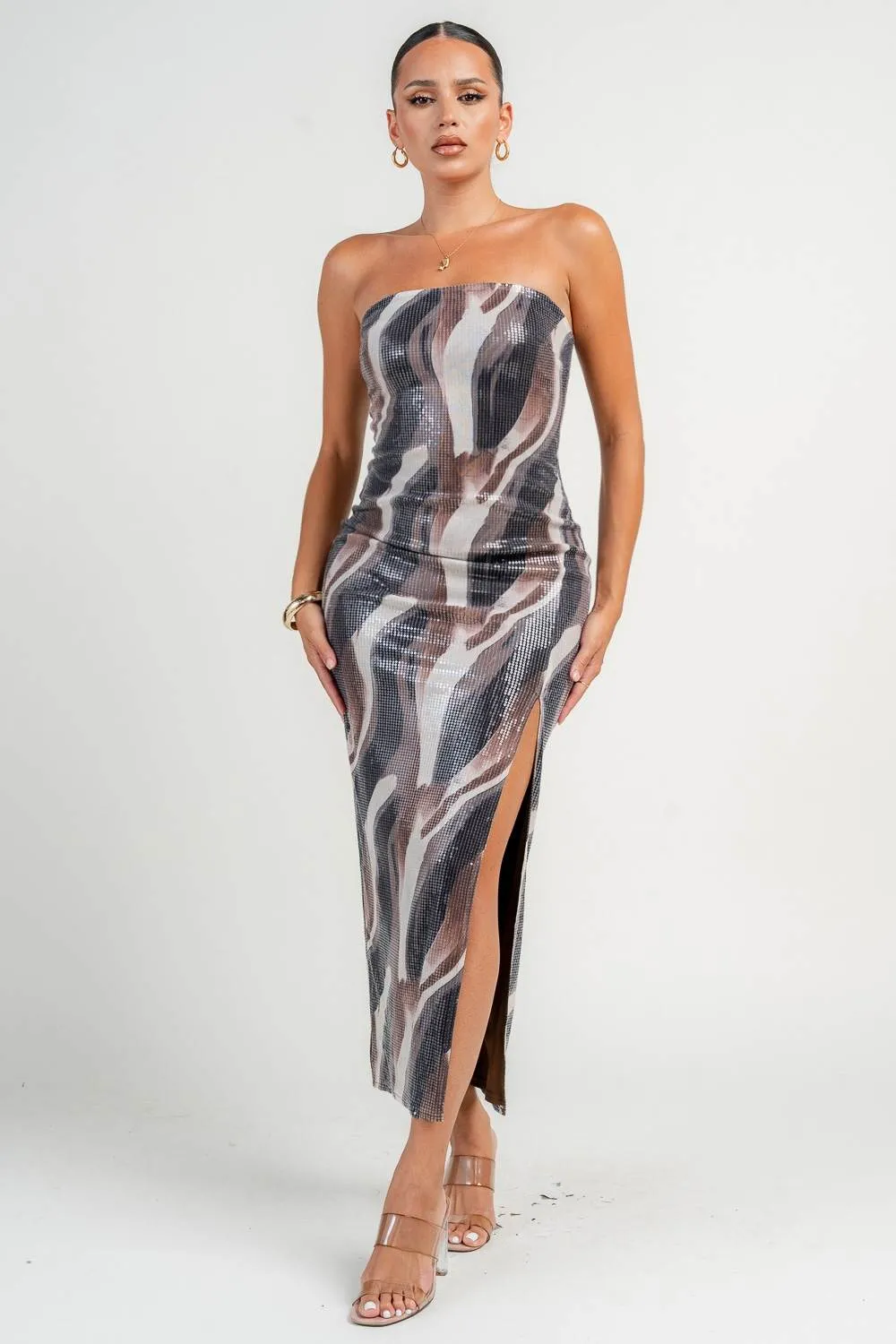 PD79323S / TUBE FRONT SLIT SEQUIN MAXI DRESS sold by privy