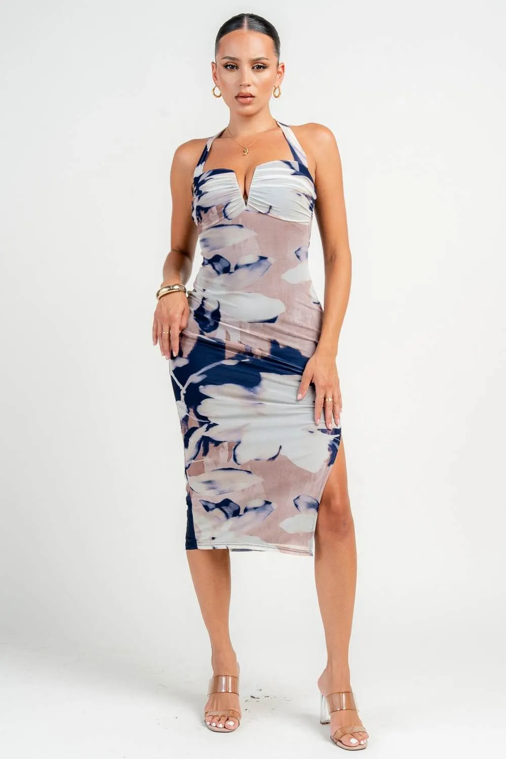 PD79261E / HALTER NK WIRE INSET SIDE SLIT MIDI PRINT DRESS sold by privy product image thumbnail 4
