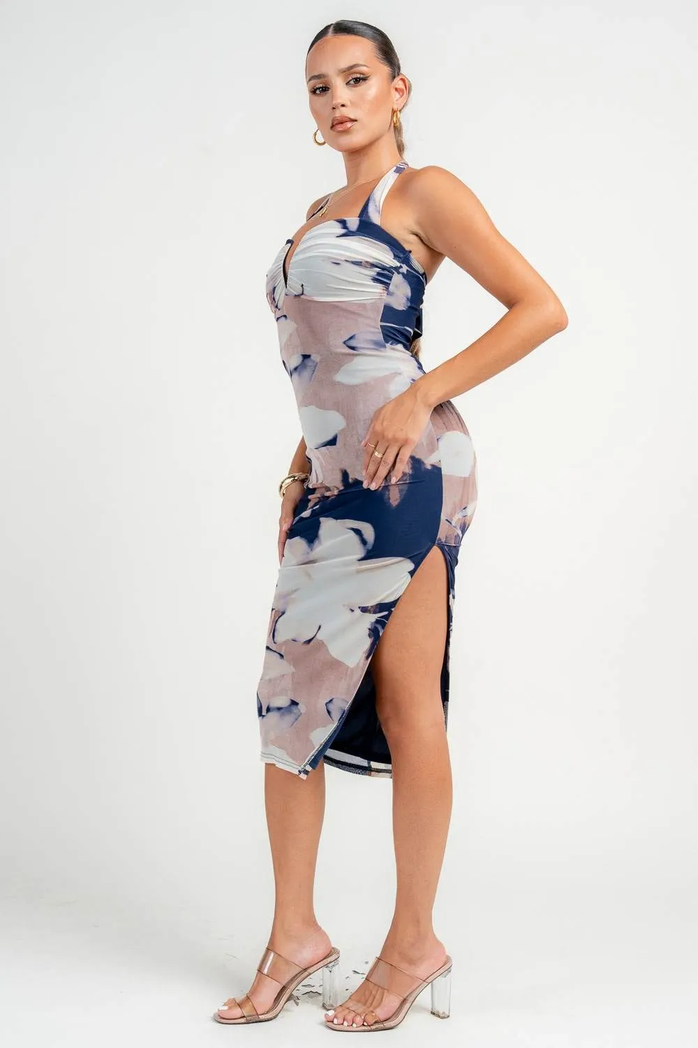 PD79261E / HALTER NK WIRE INSET SIDE SLIT MIDI PRINT DRESS sold by privy product image thumbnail 2