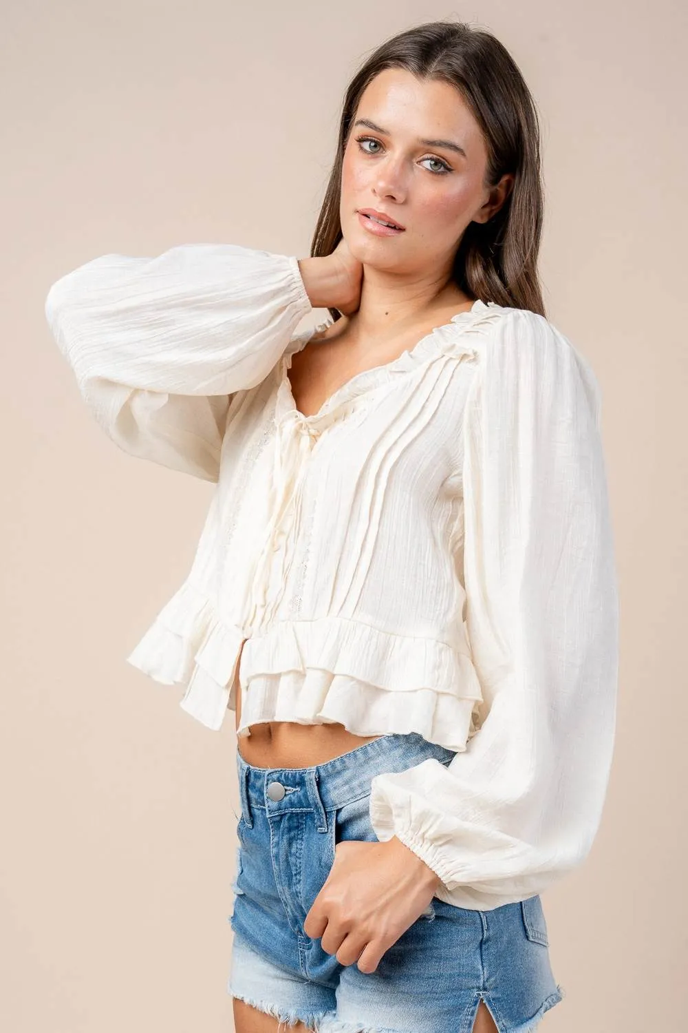 CT10573S / LACE TRIMMED RUFFLE BUTTON FRONT L/S BLOUSE sold by privy product image thumbnail 2