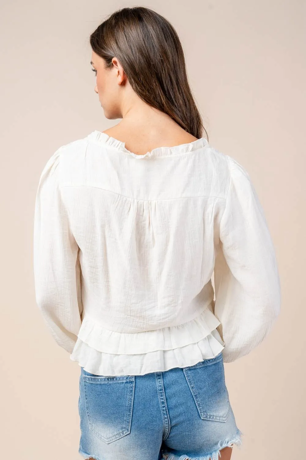 CT10573S / LACE TRIMMED RUFFLE BUTTON FRONT L/S BLOUSE sold by privy product image thumbnail 3