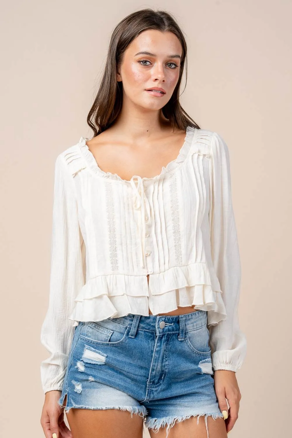 CT10573S / LACE TRIMMED RUFFLE BUTTON FRONT L/S BLOUSE sold by privy product image thumbnail 4