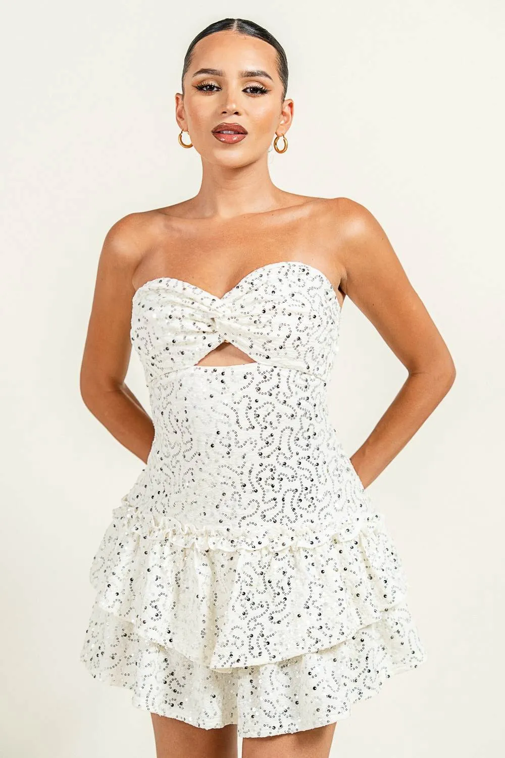 PD79034B / TUBE TWIST CUTOUT RUFFLE MINI DRESS sold by privy product image thumbnail 4