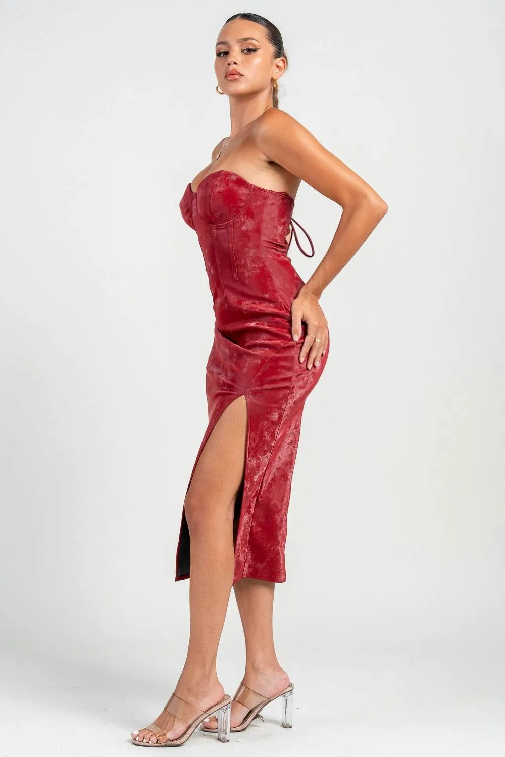 PD79289S / BUSTIER LACE UP BACK FRONT SLIT MIDI DRESS sold by privy product image thumbnail 2
