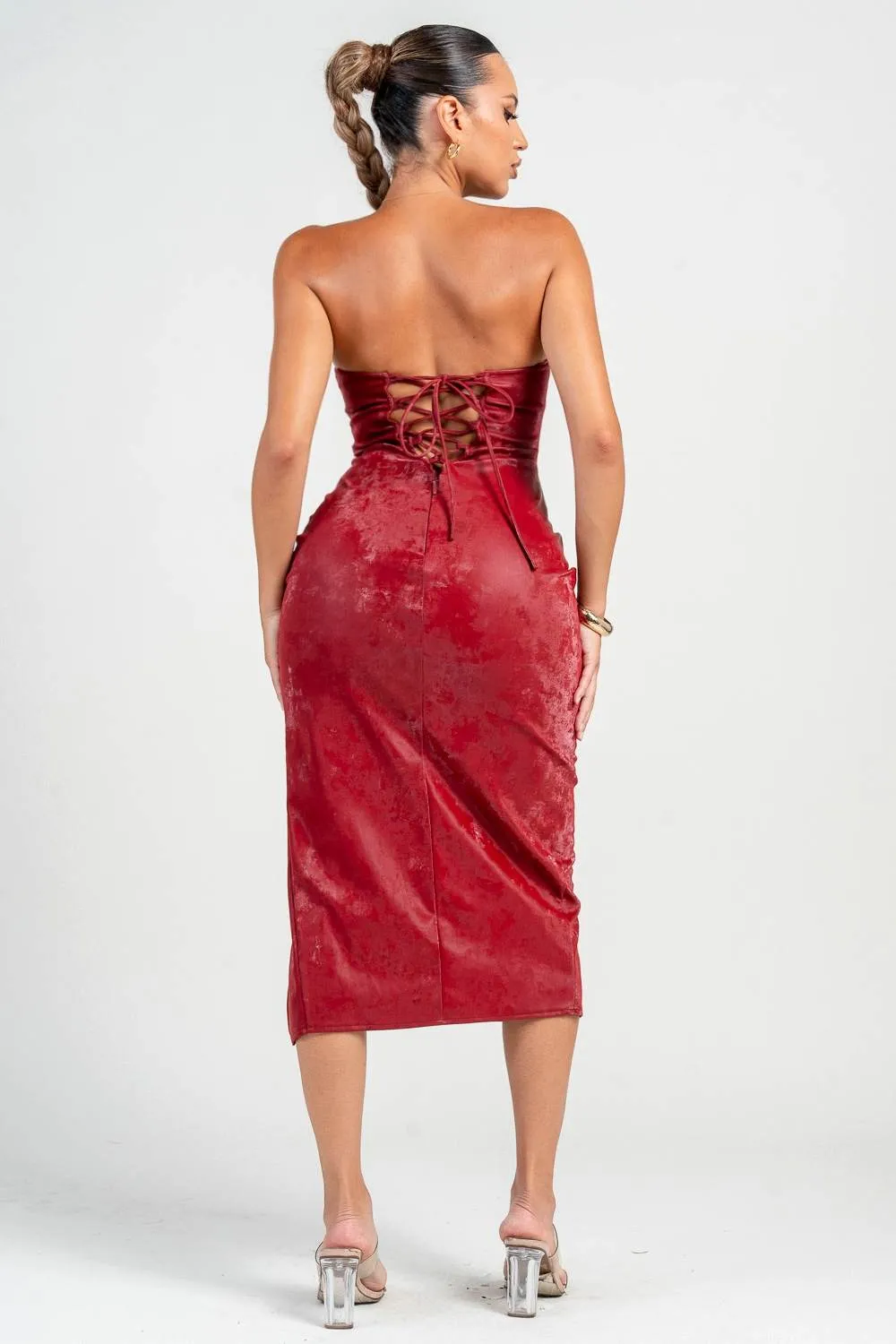 PD79289S / BUSTIER LACE UP BACK FRONT SLIT MIDI DRESS sold by privy product image thumbnail 3