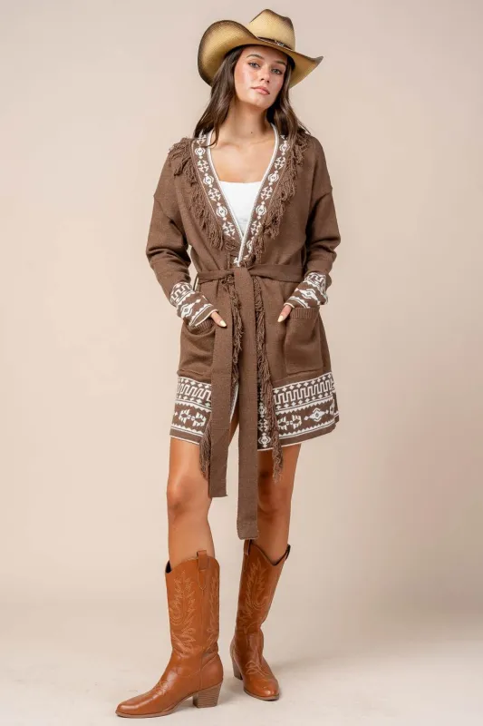 CGKF60046B / AZTEC BORDERED SWEATER CARDIGAN WITH A BELT sold by privy