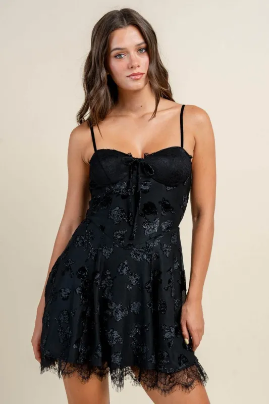 BD13106B / FIT AND FLARE MINI CIRCLE DRESS WITH LACE TRIM sold by privy