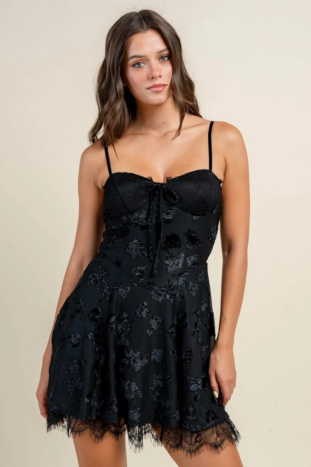 BD13106B / FIT AND FLARE MINI CIRCLE DRESS WITH LACE TRIM sold by privy