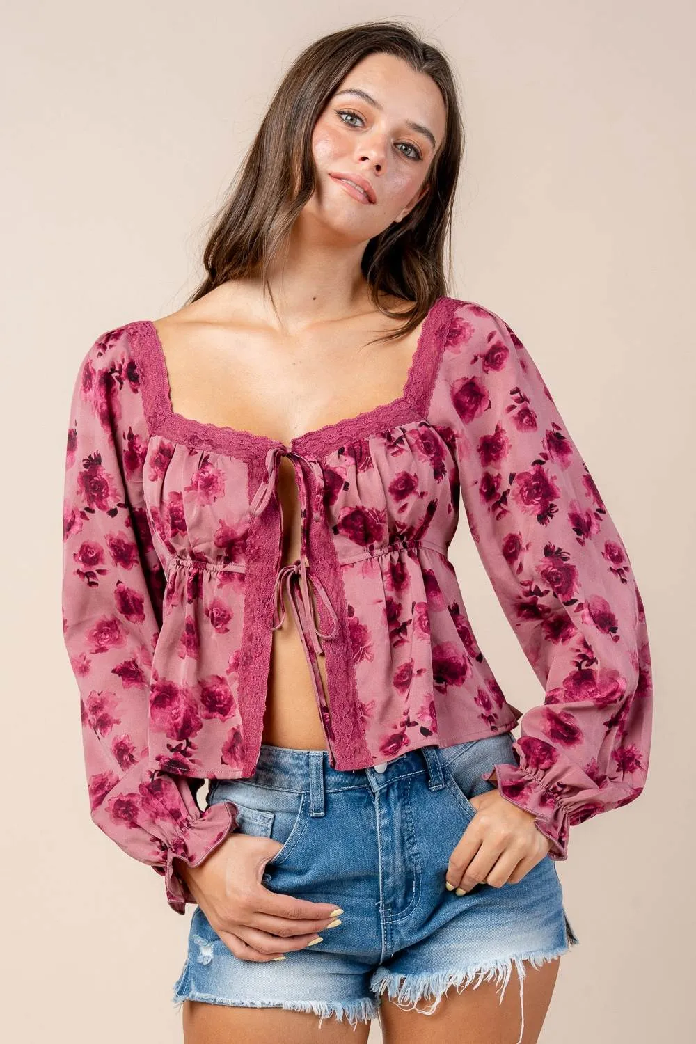 CT10645S / LACE NECK TRIM W/ A FRONT TIE LONG SLEEVE BLOUSE sold by privy product image thumbnail 4