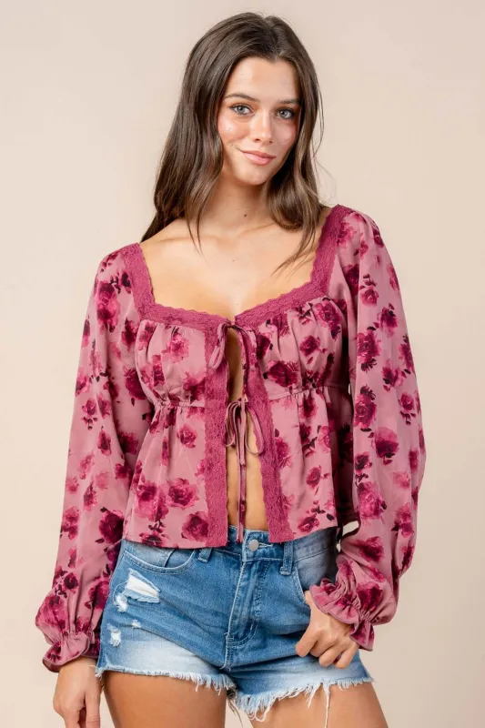CT10645S / LACE NECK TRIM W/ A FRONT TIE LONG SLEEVE BLOUSE sold by privy