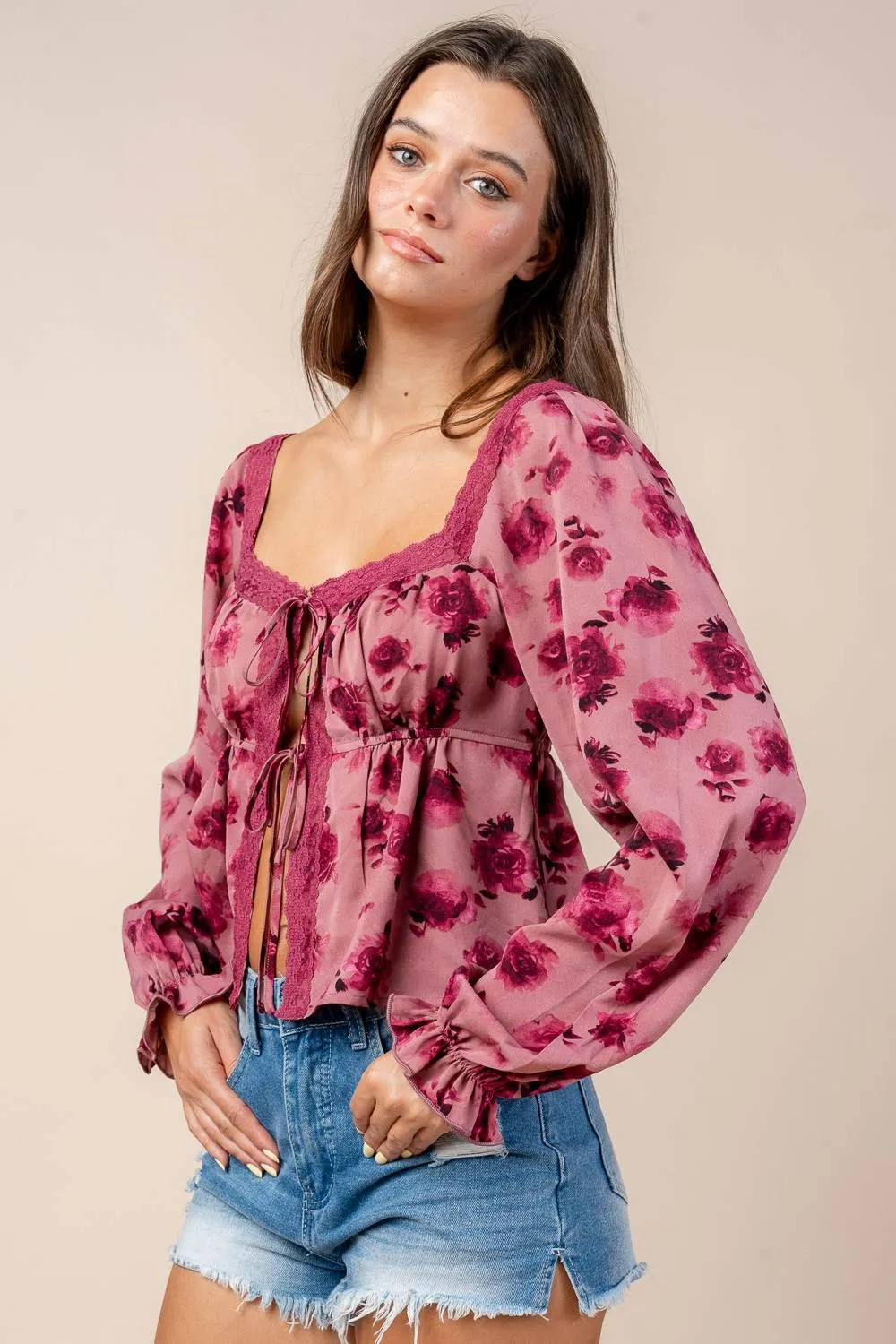 CT10645S / LACE NECK TRIM W/ A FRONT TIE LONG SLEEVE BLOUSE sold by privy product image thumbnail 2
