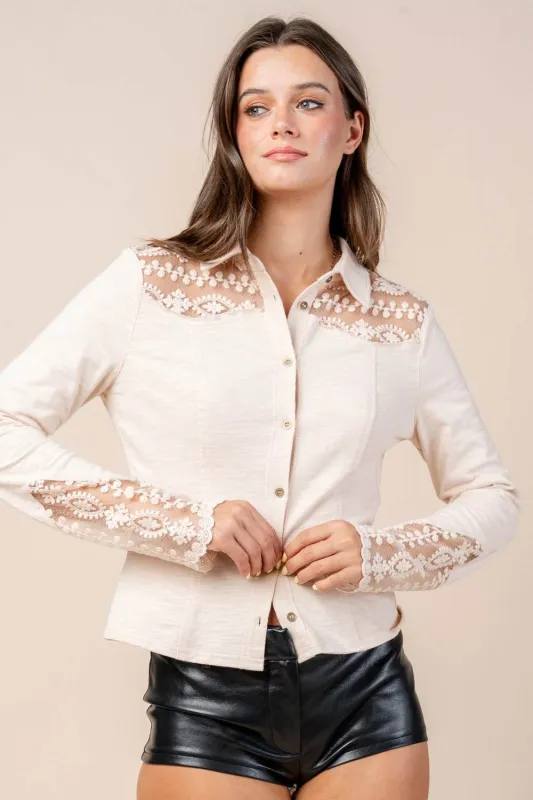 CT10611S / LACE YOKE & SLEEVE PANEL DETAILED FRONT BUTTON DOWN KNIT TOP sold by privy