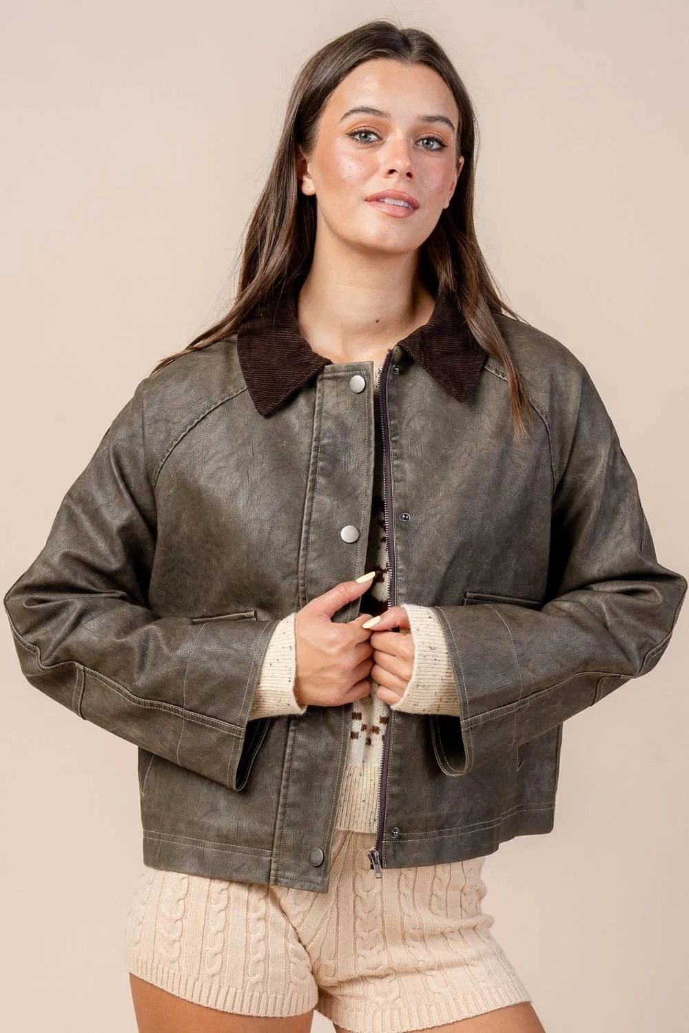 CGWF60031E / WASHED FAUX LEATHER W/ CORDUROY COLLAR JACKET sold by privy