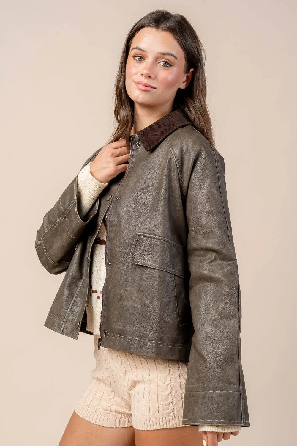 CGWF60031E / WASHED FAUX LEATHER W/ CORDUROY COLLAR JACKET sold by privy product image thumbnail 2