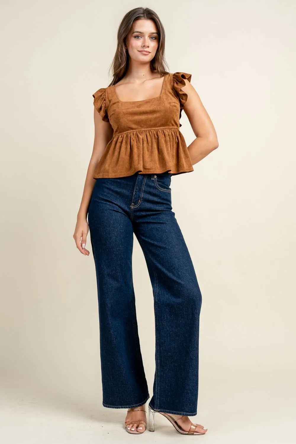 BT3334S / STRETCH FAUX SUEDE PEPLUM RUFFLE SHOULDER TOP sold by privy product image thumbnail 5