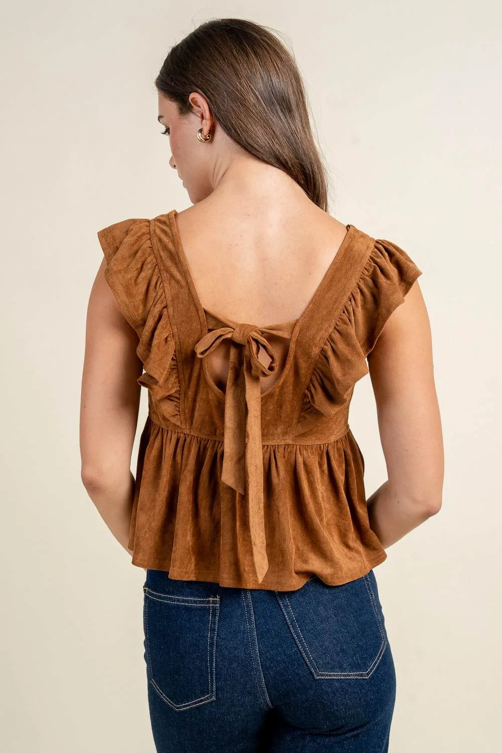 BT3334S / STRETCH FAUX SUEDE PEPLUM RUFFLE SHOULDER TOP sold by privy product image thumbnail 3