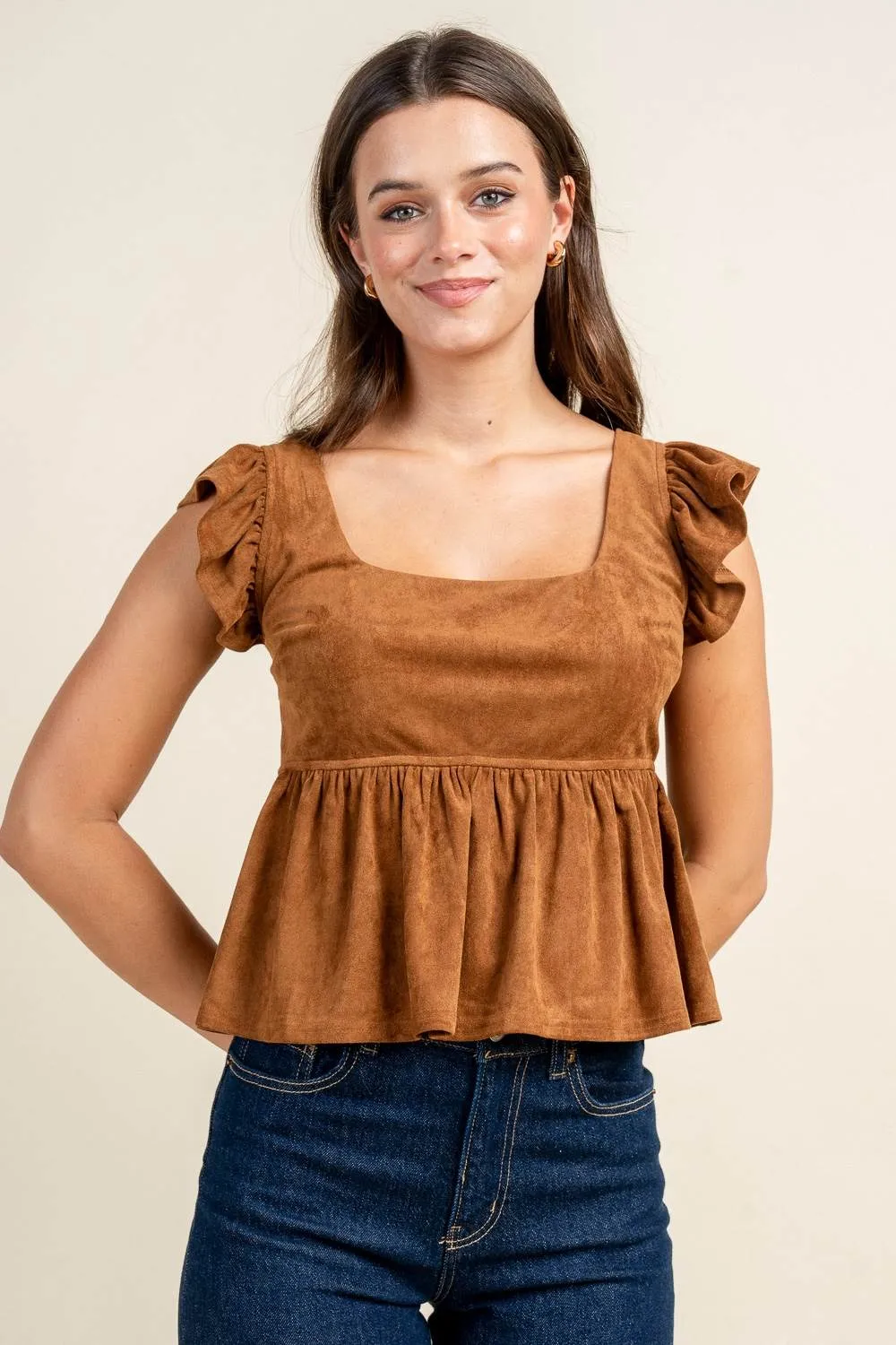 BT3334S / STRETCH FAUX SUEDE PEPLUM RUFFLE SHOULDER TOP sold by privy product image thumbnail 4