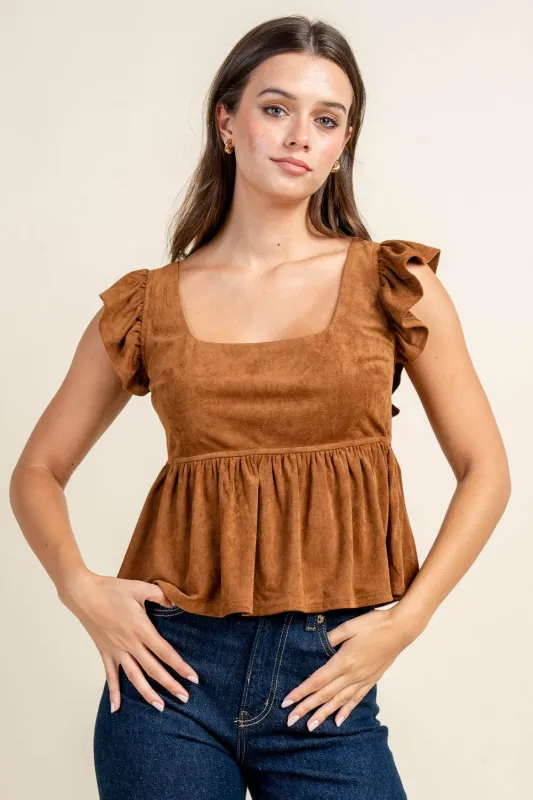 BT3334S / STRETCH FAUX SUEDE PEPLUM RUFFLE SHOULDER TOP sold by privy