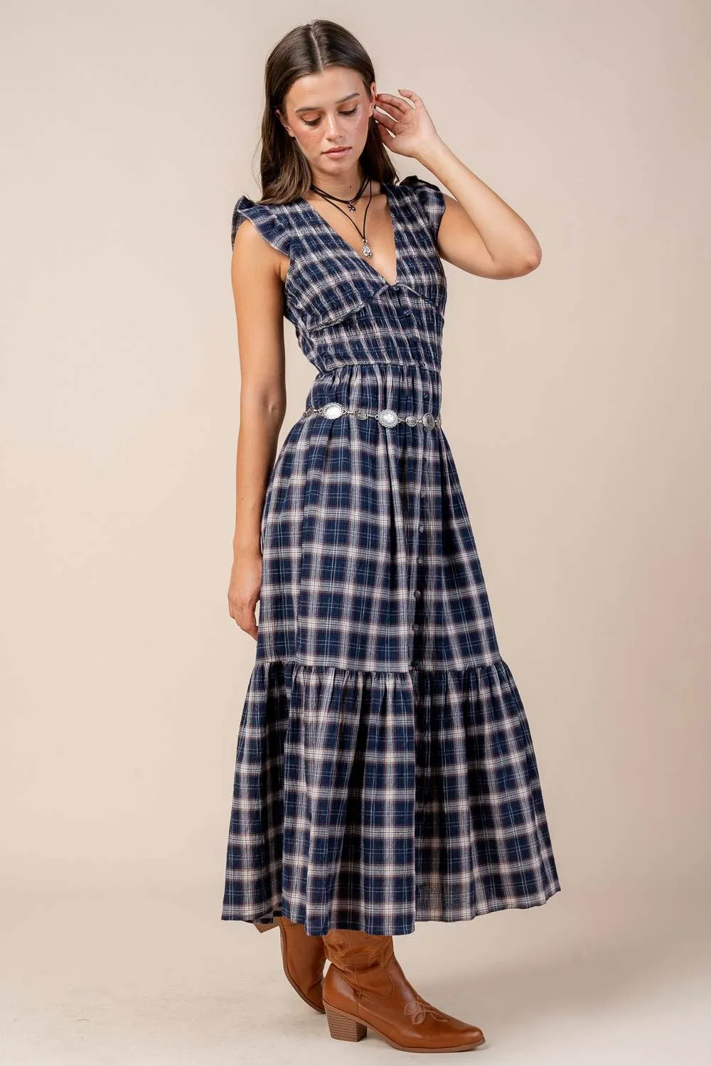 CDWS30413E / SMOCKED BODICE MIDI DRESS WITH FRONT BUTTONS sold by privy