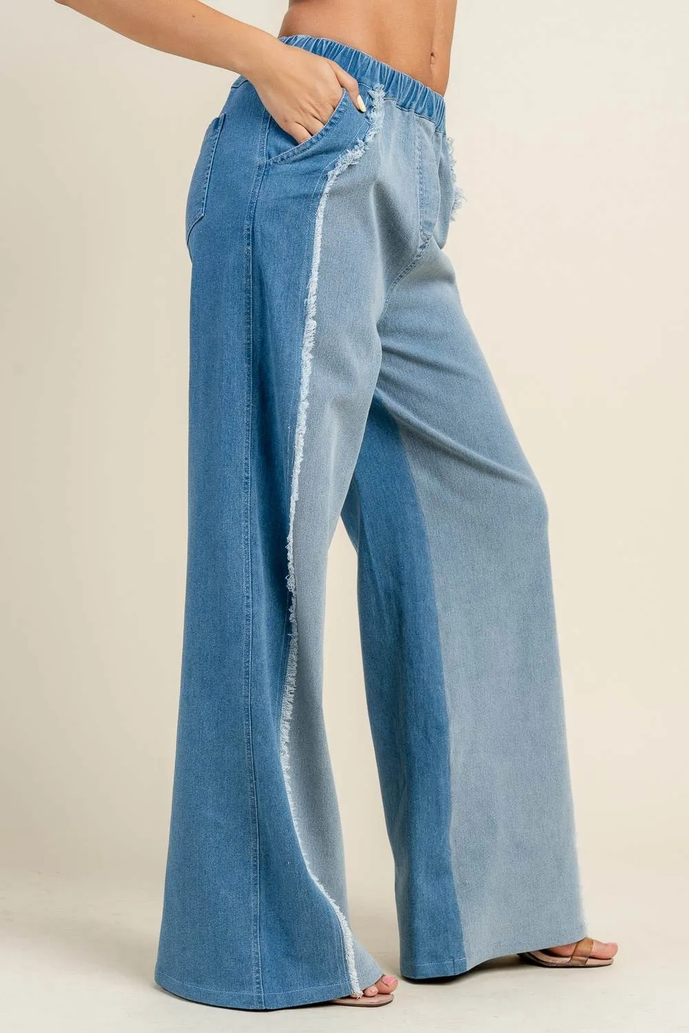 BP4837N / DENIM COLOR BLOCK WIDE LEG PANTS W/FRAY EDGE sold by privy product image thumbnail 2
