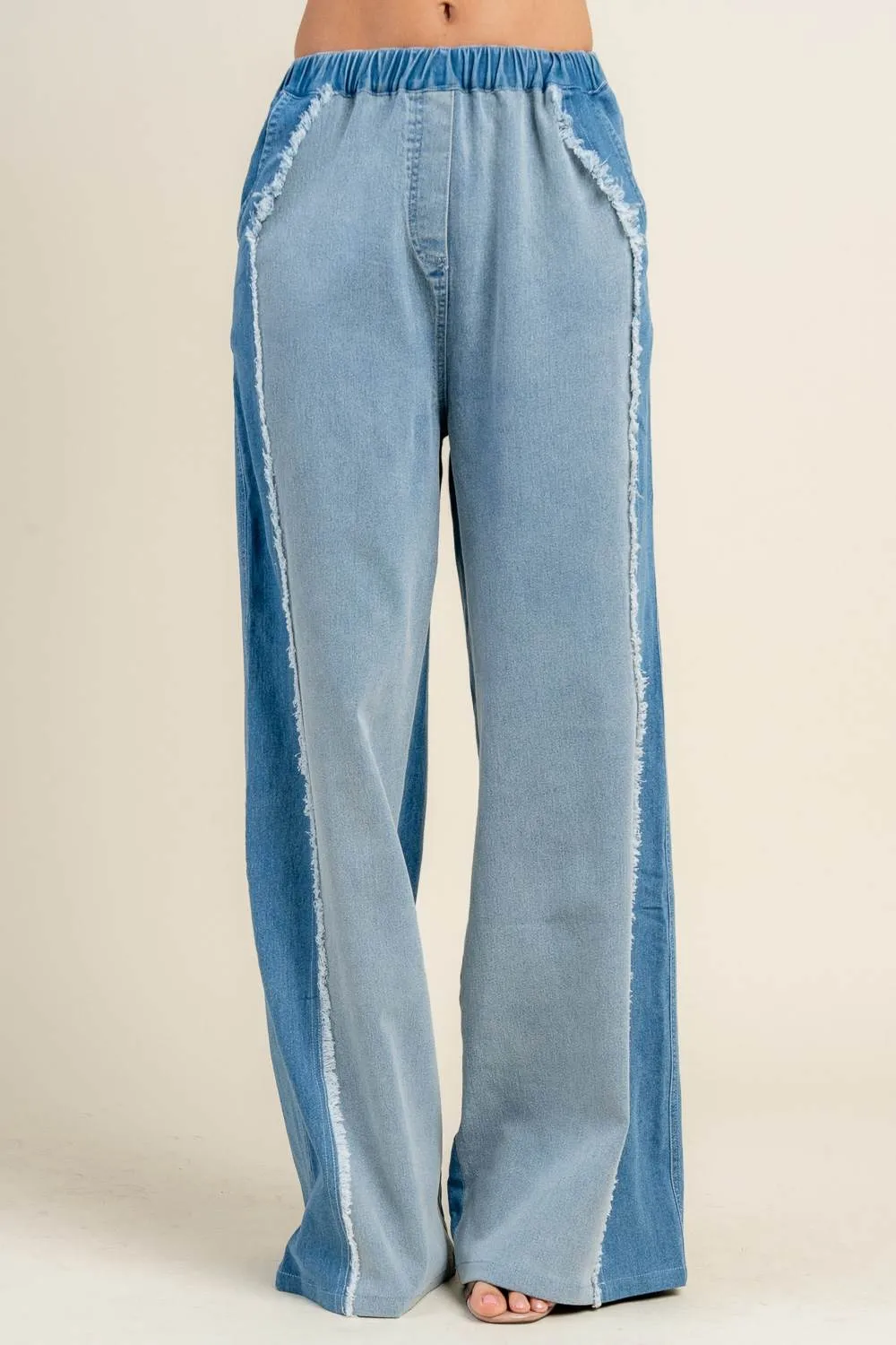 BP4837N / DENIM COLOR BLOCK WIDE LEG PANTS W/FRAY EDGE sold by privy product image thumbnail 3