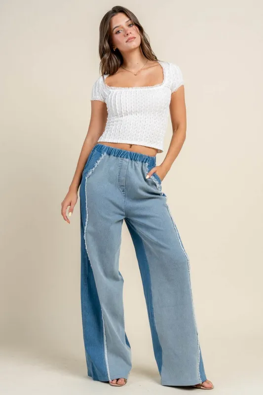 BP4837N / DENIM COLOR BLOCK WIDE LEG PANTS W/FRAY EDGE sold by privy