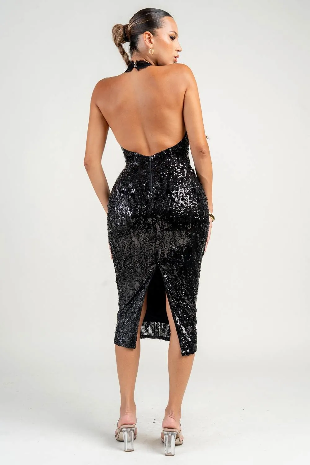PD79121B / LACE HALTER NECK OPEN BACK SEQUIN MIDI DRESS sold by privy product image thumbnail 3