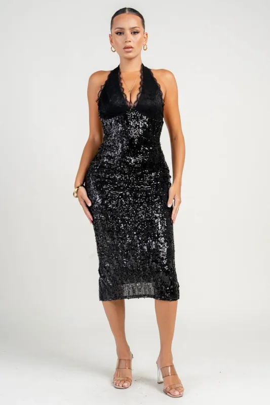 PD79121B / LACE HALTER NECK OPEN BACK SEQUIN MIDI DRESS sold by privy