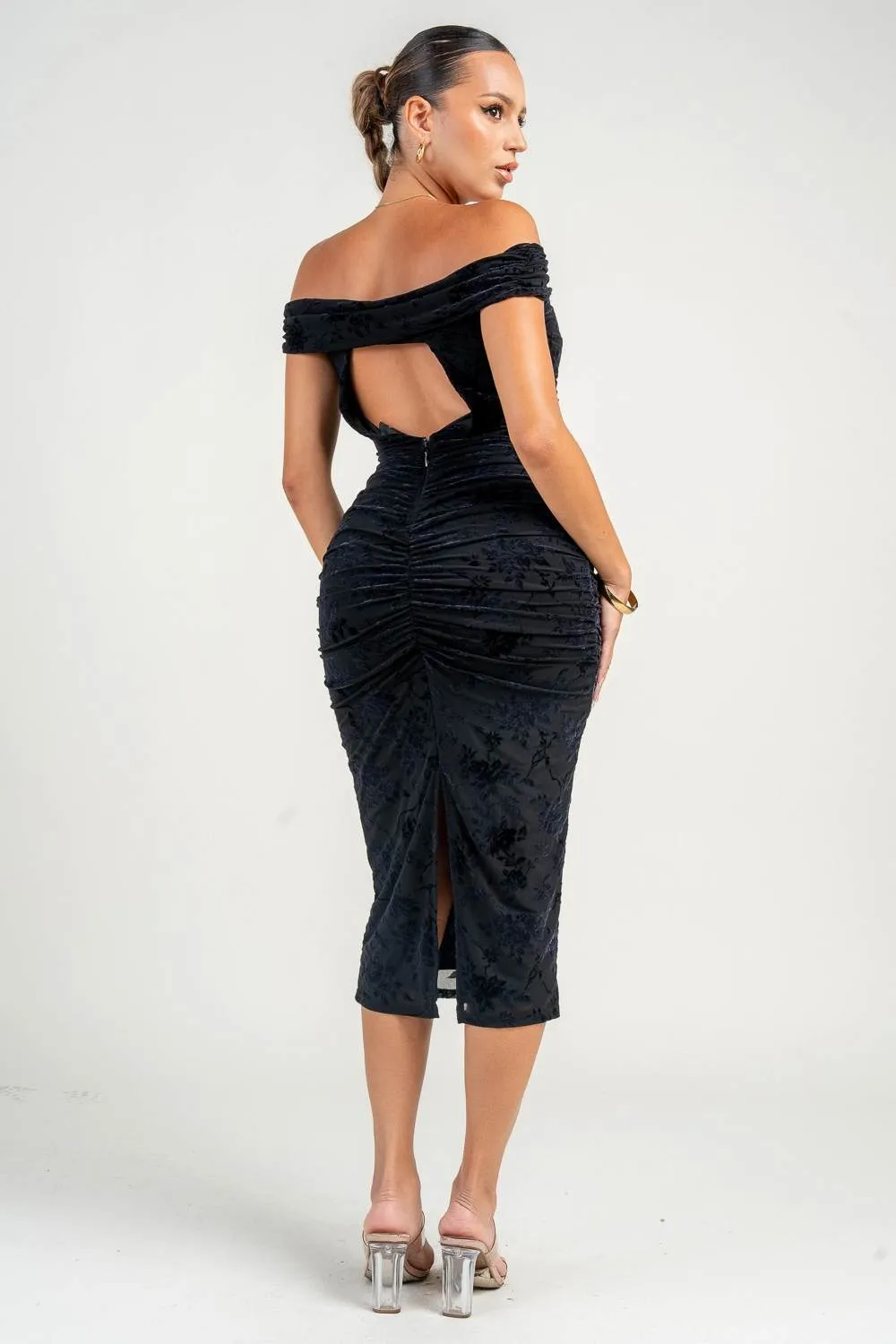 PD79335B / OFF SHOULDER BACK OPEN RUCHING MERMAID MIDI DRESS sold by privy product image thumbnail 3