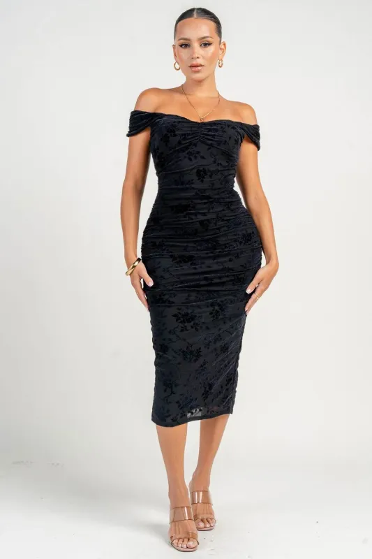 PD79335B / OFF SHOULDER BACK OPEN RUCHING MERMAID MIDI DRESS sold by privy