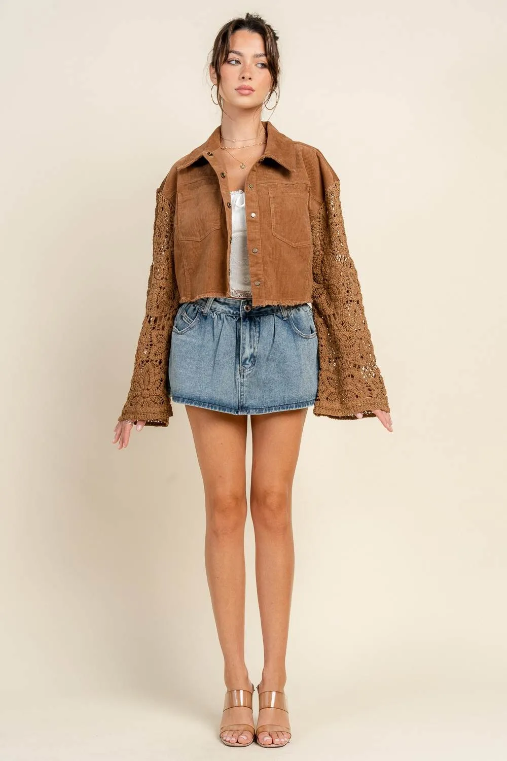 BG5393N / CROPPED BUTTON DOWN JACKET W/ CROCHET SLEEVE DETAILS sold by privy product image thumbnail 5