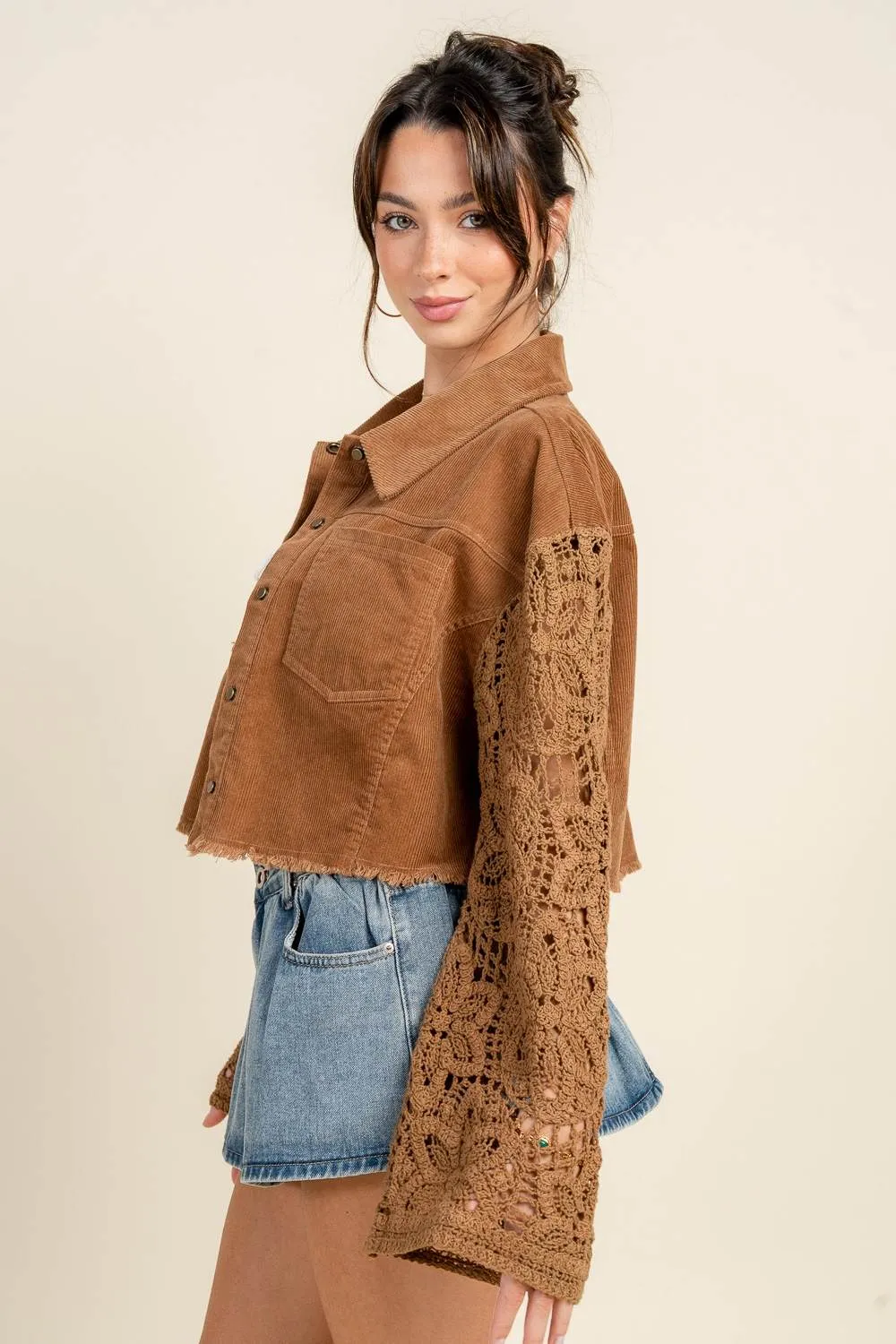 BG5393N / CROPPED BUTTON DOWN JACKET W/ CROCHET SLEEVE DETAILS sold by privy product image thumbnail 2