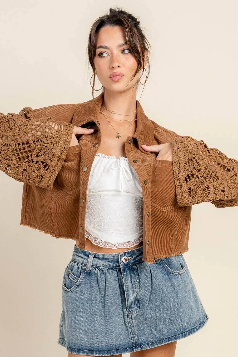 BG5393N / CROPPED BUTTON DOWN JACKET W/ CROCHET SLEEVE DETAILS sold by privy product image thumbnail 4