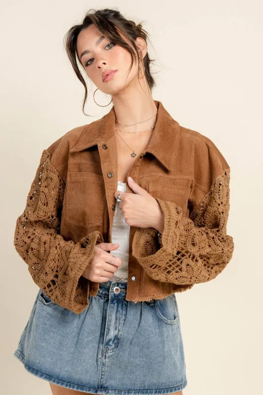 BG5393N / CROPPED BUTTON DOWN JACKET W/ CROCHET SLEEVE DETAILS sold by privy