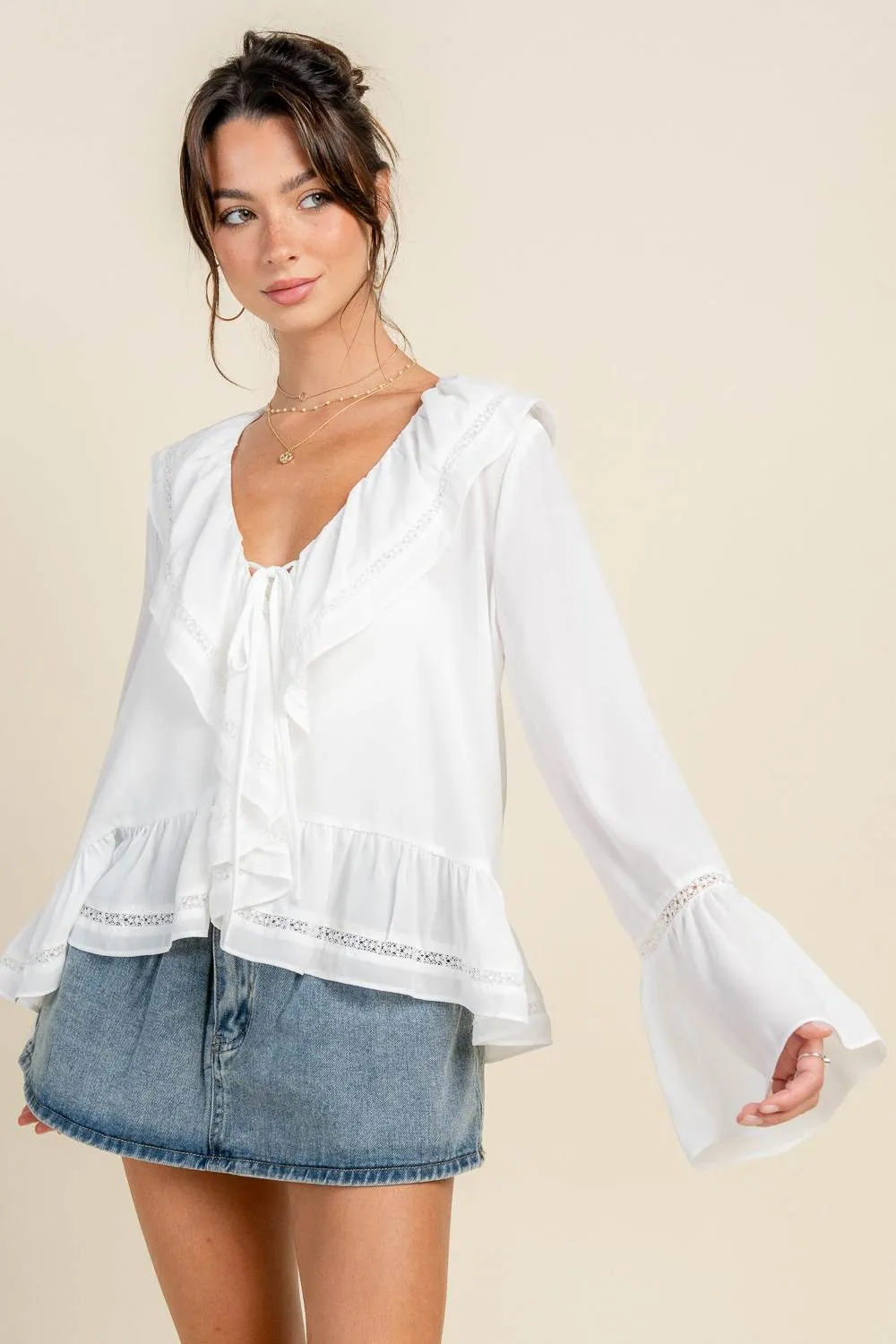 BT3303E / BOHO TRUMPET SLEEVE BLOUSE W/ CASCADE RUFFLE & LACE sold by privy product image thumbnail 2