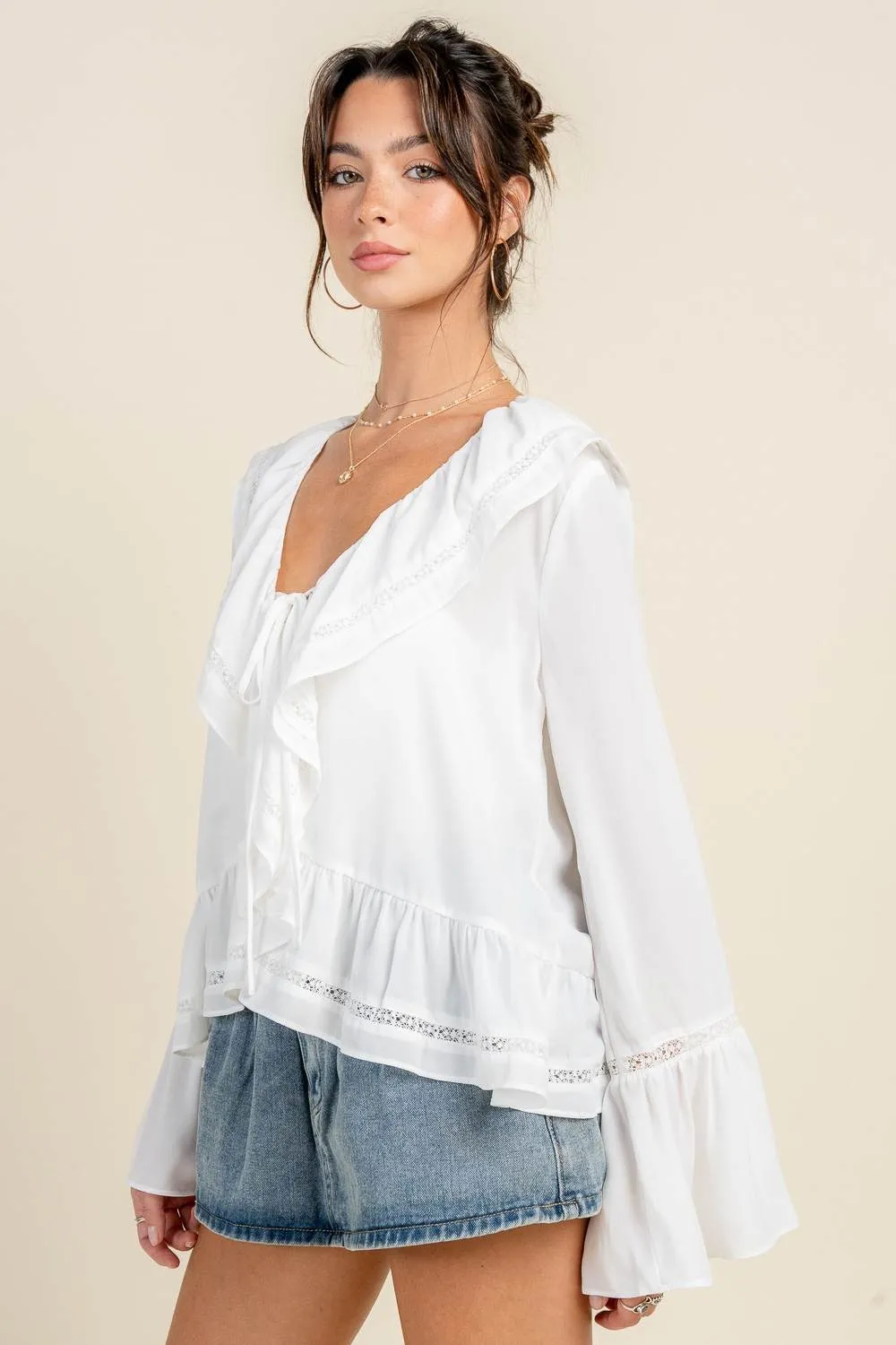 BT3303E / BOHO TRUMPET SLEEVE BLOUSE W/ CASCADE RUFFLE & LACE sold by privy product image thumbnail 3