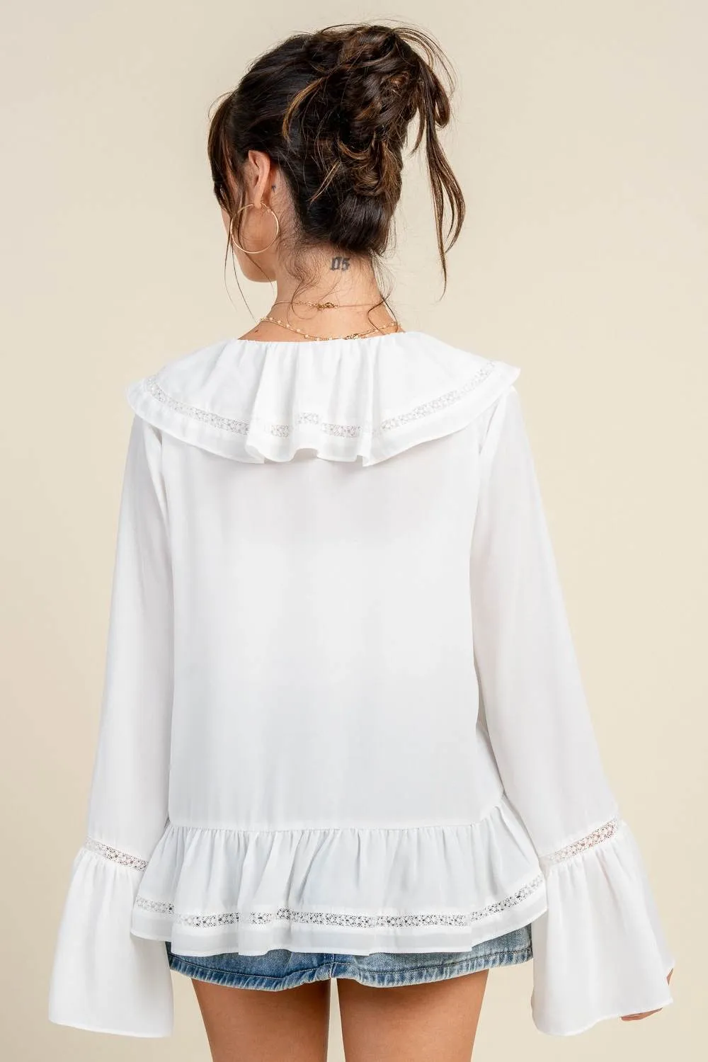 BT3303E / BOHO TRUMPET SLEEVE BLOUSE W/ CASCADE RUFFLE & LACE sold by privy product image thumbnail 4