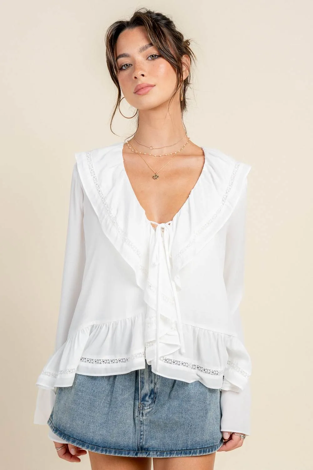 BT3303E / BOHO TRUMPET SLEEVE BLOUSE W/ CASCADE RUFFLE & LACE sold by privy