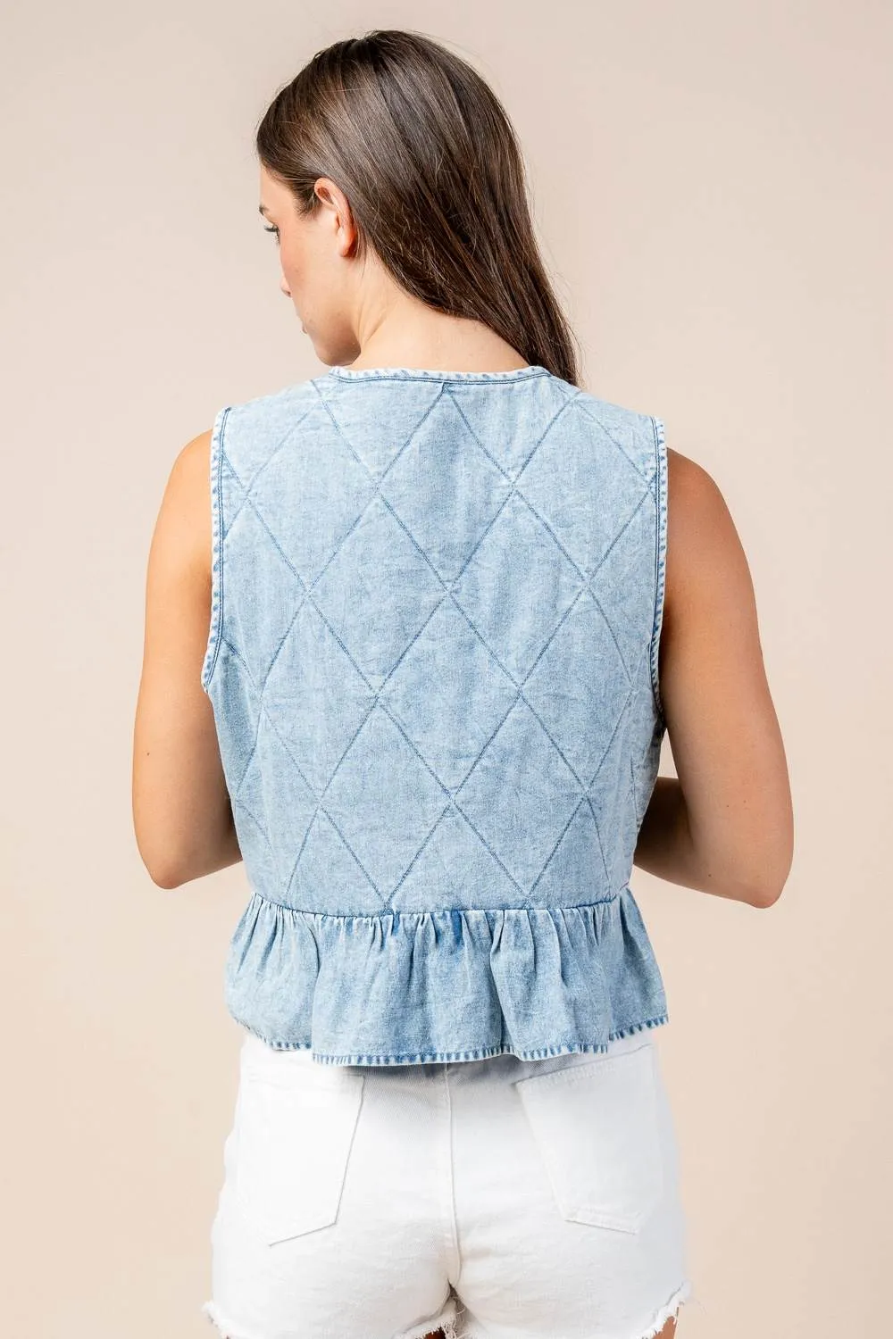 CT10635Y / QUILT DETAILED FRONT TIE CHAMBRAY VEST sold by privy product image thumbnail 3
