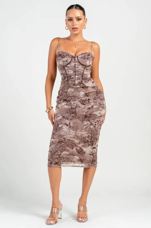 PD79366KST / MESH PRINT MIDI DRESS sold by privy