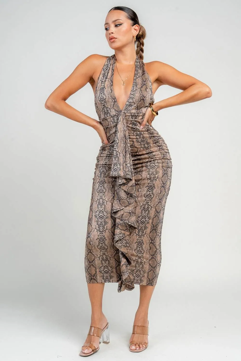 HD30452S / DEEP PLUNGE HALTER NECK RUCHED MIDI DRESS sold by privy