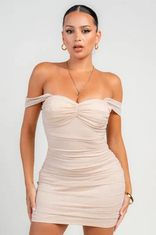 HD30394N / OFF THE SHOULDER GLITTERH MESH RUCHED MINI DRESS sold by privy