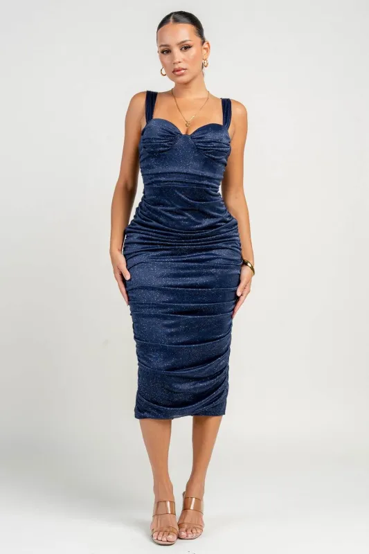 PD79330N / CORSET PIPPING SEETHROUGH RUCHING BACK SLIT MIDI DRESS sold by privy