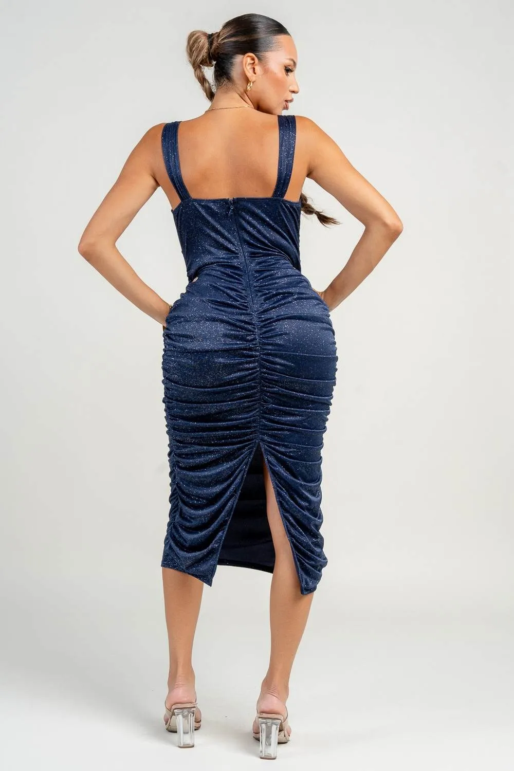 PD79330N / CORSET PIPPING SEETHROUGH RUCHING BACK SLIT MIDI DRESS sold by privy product image thumbnail 3