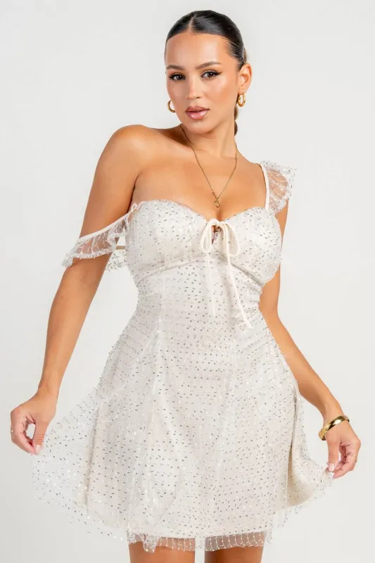 HD30355N / OFF THE SHOULDER EMBELLISHMENT A-LINE MINI DRESS sold by privy