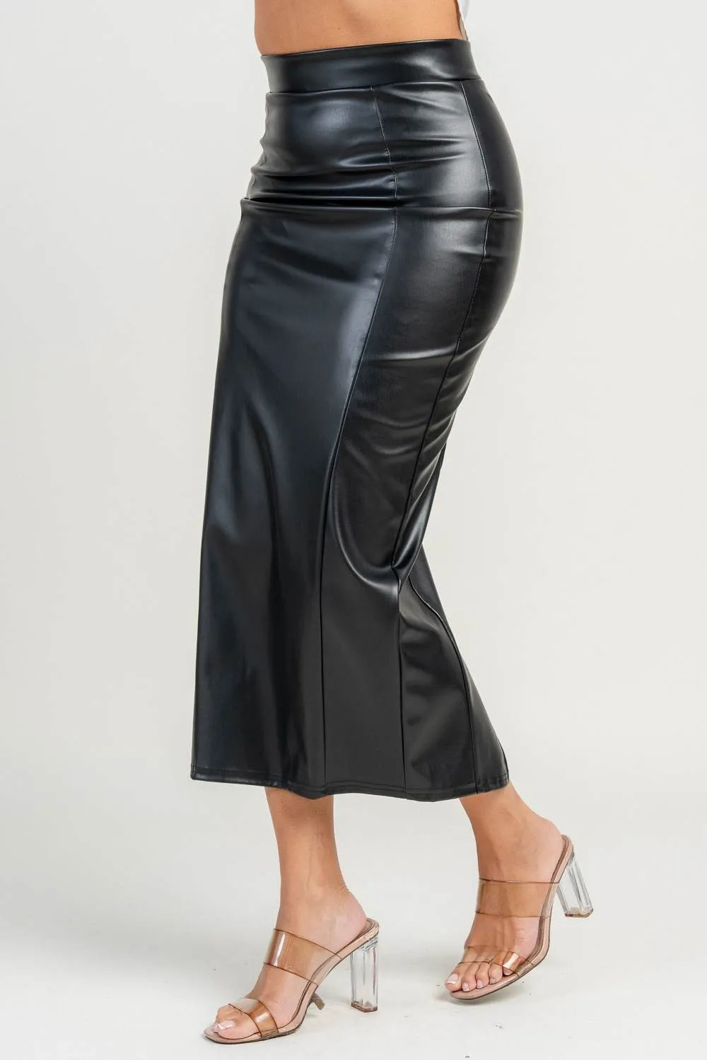 PB32043SST / Sleek High-Waisted Faux Leather Midi Skirt sold by privy product image thumbnail 3