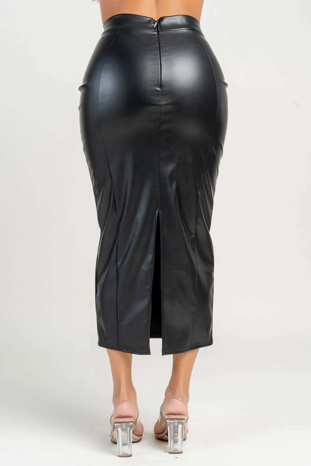 PB32043SST / Sleek High-Waisted Faux Leather Midi Skirt sold by privy product image thumbnail 4