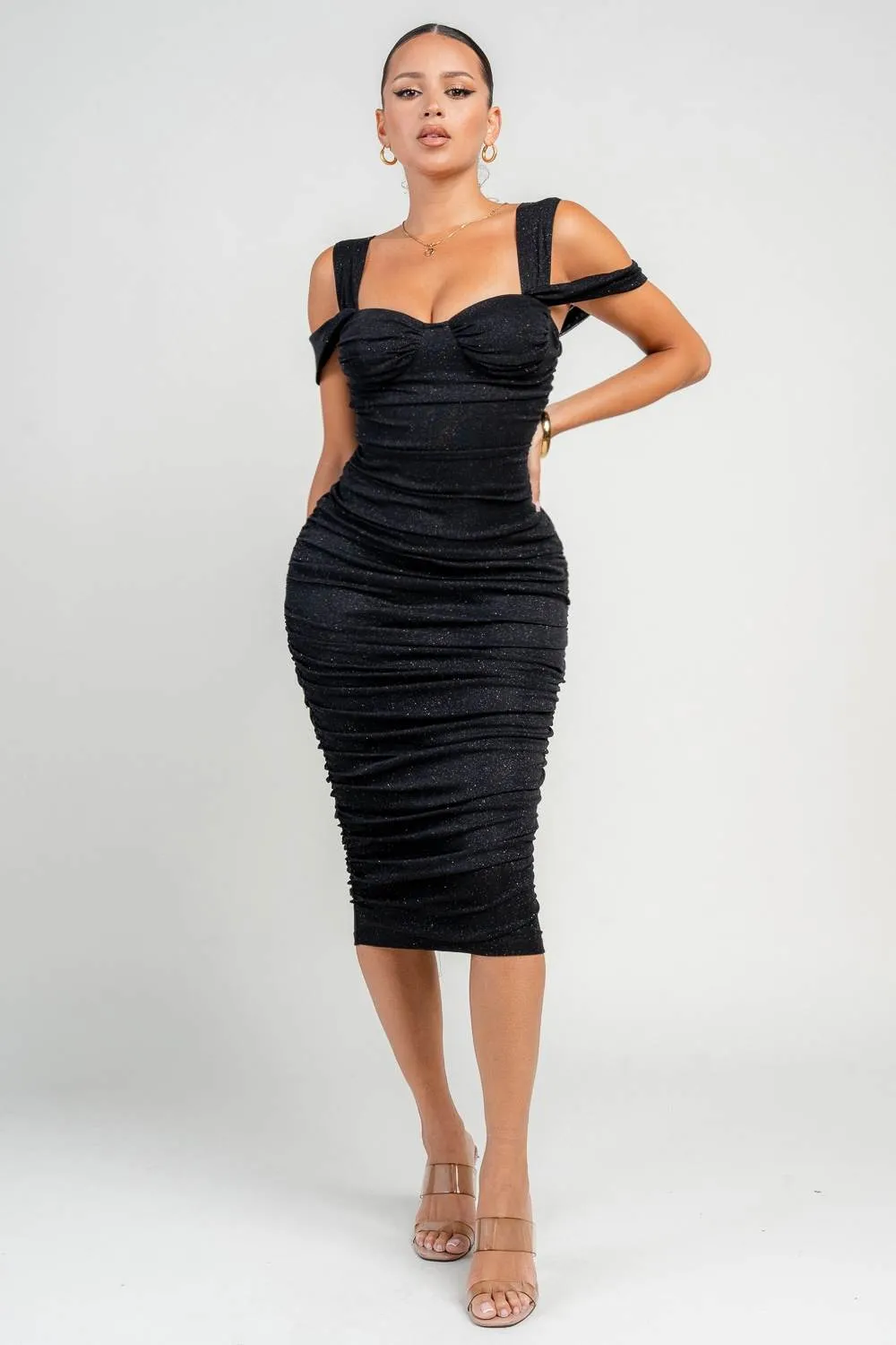 HD30330N / GLITTER MESH RUCHED MIDI DRESS sold by privy product image thumbnail 4