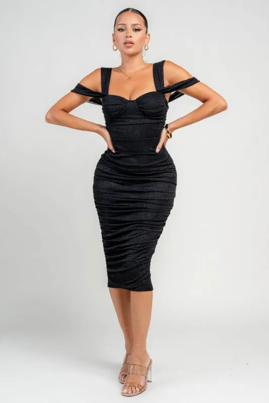 HD30330N / GLITTER MESH RUCHED MIDI DRESS sold by privy